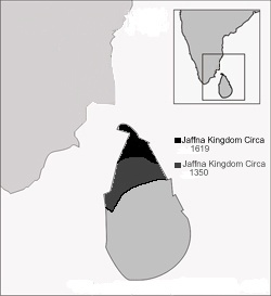 Map of the Jaffna Kingdom in 1350 and in 1619. Portuguese captured the Jaffna Kingdom in 1619.