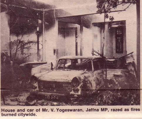 House and car of Mr. V. Yogeswaran Jaffna MP razed as fires burned in Jaffna citywide 1981