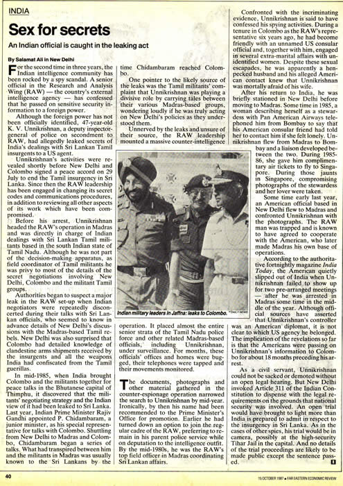 Sex for Secrets Unnikrishnan FEER Oct 15 1987