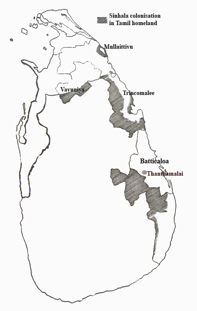 Sinhala colonisation in the Tamil homeland as of 1981 census.  Map by C Manogaran 1994