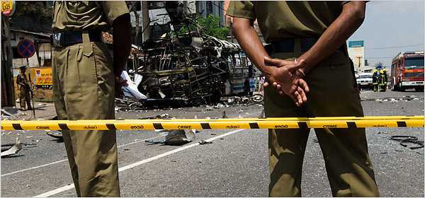Sri Lankans endure disappearances, raids and explosions, like this one in Colombo in February, which caused no deaths.  New York Times March 8 2008