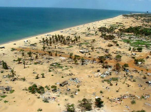 Vanni 'Safe Zone' May 26 2009 from SG Ban Ki-moon's helicopter flight Mullaitivu beach Sri Lanka
