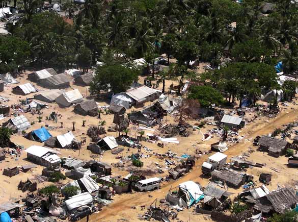 Vanni 'Safe Zone' May 26 2009 from SG Ban Ki-moon's helicopter flight Mullaitivu beach Sri Lanka