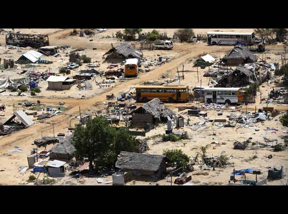 Vanni 'Safe Zone' May 26 2009 from SG Ban Ki-moon's helicopter flight Mullaitivu beach Sri Lanka