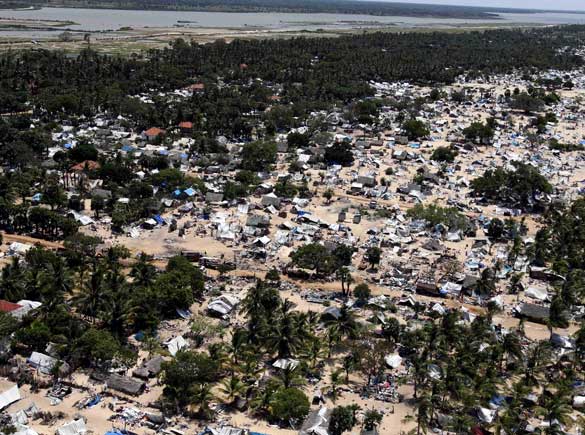 Vanni 'Safe Zone' May 26 2009 from SG Ban Ki-moon's helicopter flight Mullaitivu beach Sri Lanka