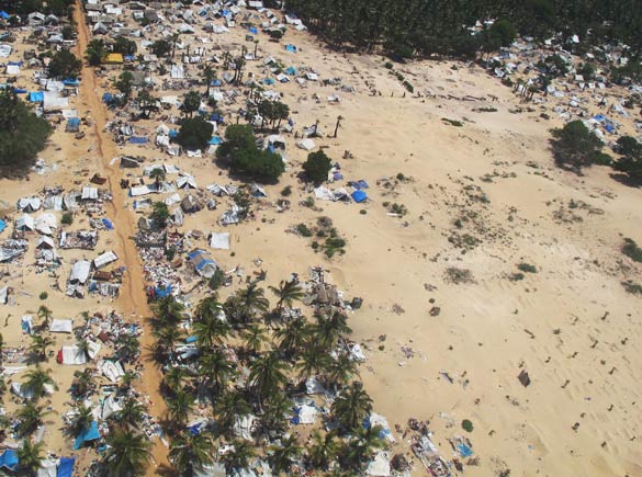 Vanni 'Safe Zone' May 26 2009 from SG Ban Ki-moon's helicopter flight Mullaitivu beach Sri Lanka