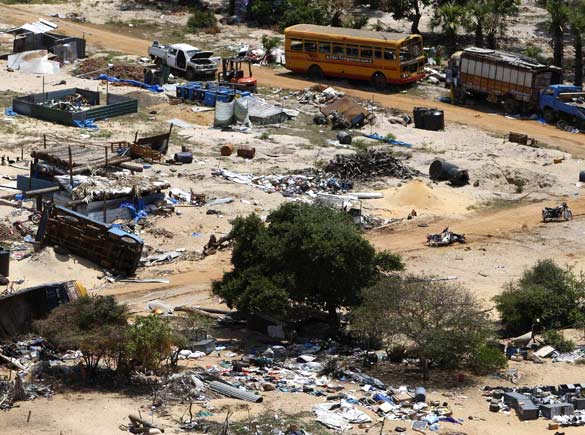 Vanni 'Safe Zone' May 26 2009 from SG Ban Ki-moon's helicopter flight Mullaitivu beach Sri Lanka