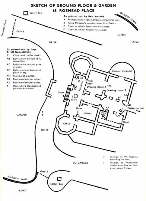 Sketch of Solomon Bandaranaike assassination site 1959