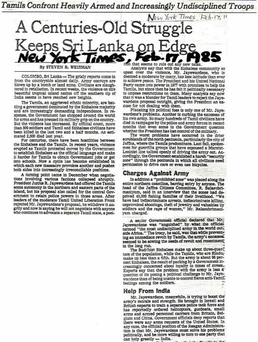 A Centuries-Old Struggle Keeps Sri Lanka on Edge New York Times February 17 1985 Steven R. Weisman