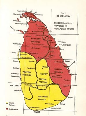 The boundaries of the initial cardinal five Provinces. Land Maps and Surveys, R.L. Brohier Sri Lanka Tamil province homeland
