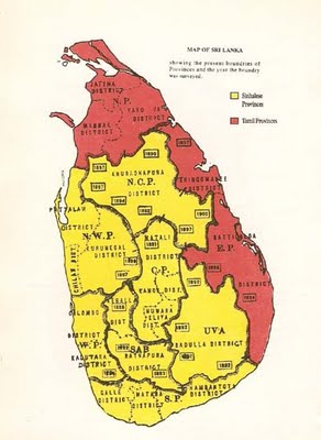 The boundaries of the nine provinces and the year when the survey of the boundary was completed. Land Maps and Surveys, R.L. Brohier Sri Lanka Tamil province