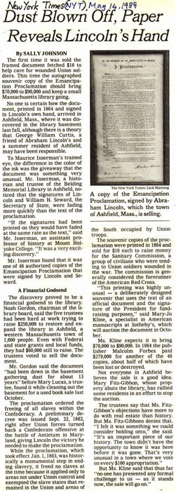 Dust Blown Off, Paper Reveals Lincoln's Hand May 14 1989